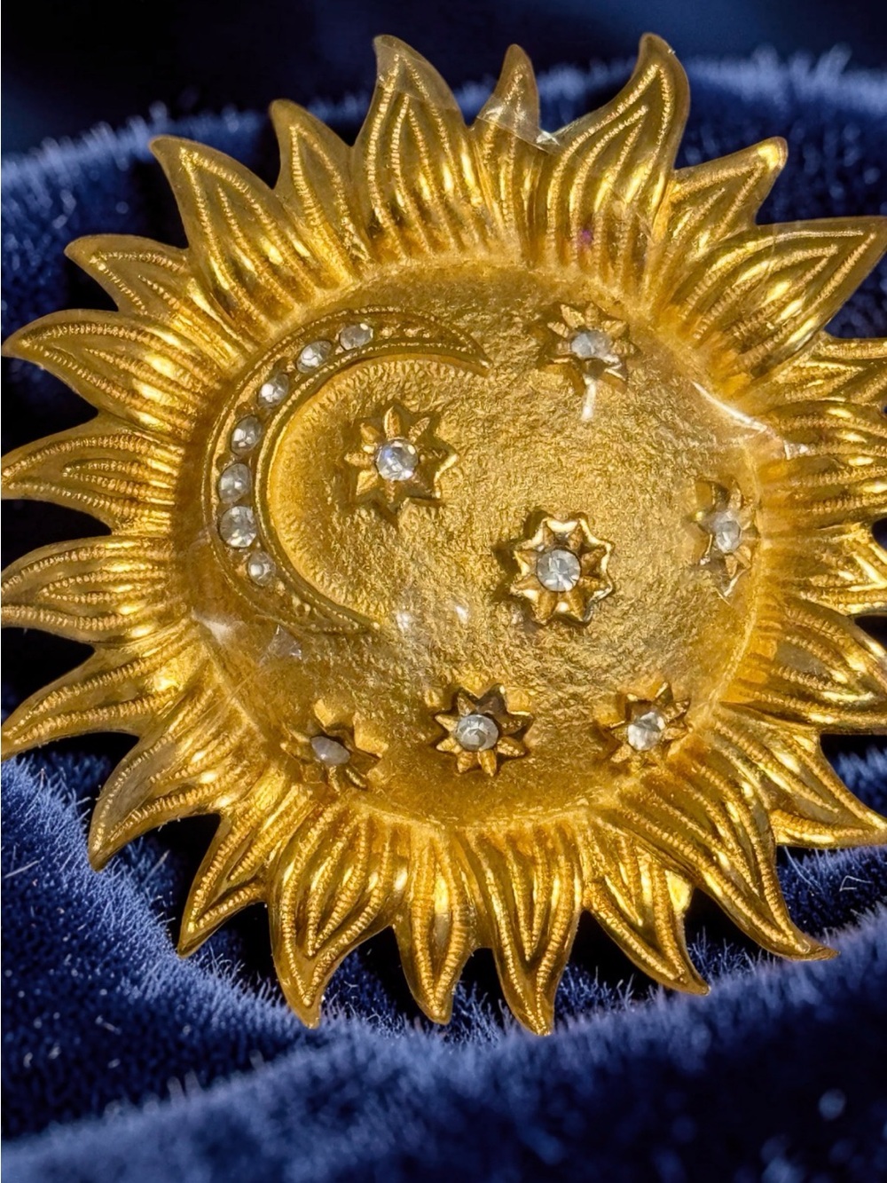 Vintage Gold Tone Sunburst Moon & Star Sun Celestial Brooch Pendant
